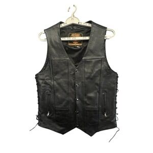 Milwaukee Leather Men's Black Motorcycle Vest Lace Up Sides‎ Zip Pockets 42 Tall